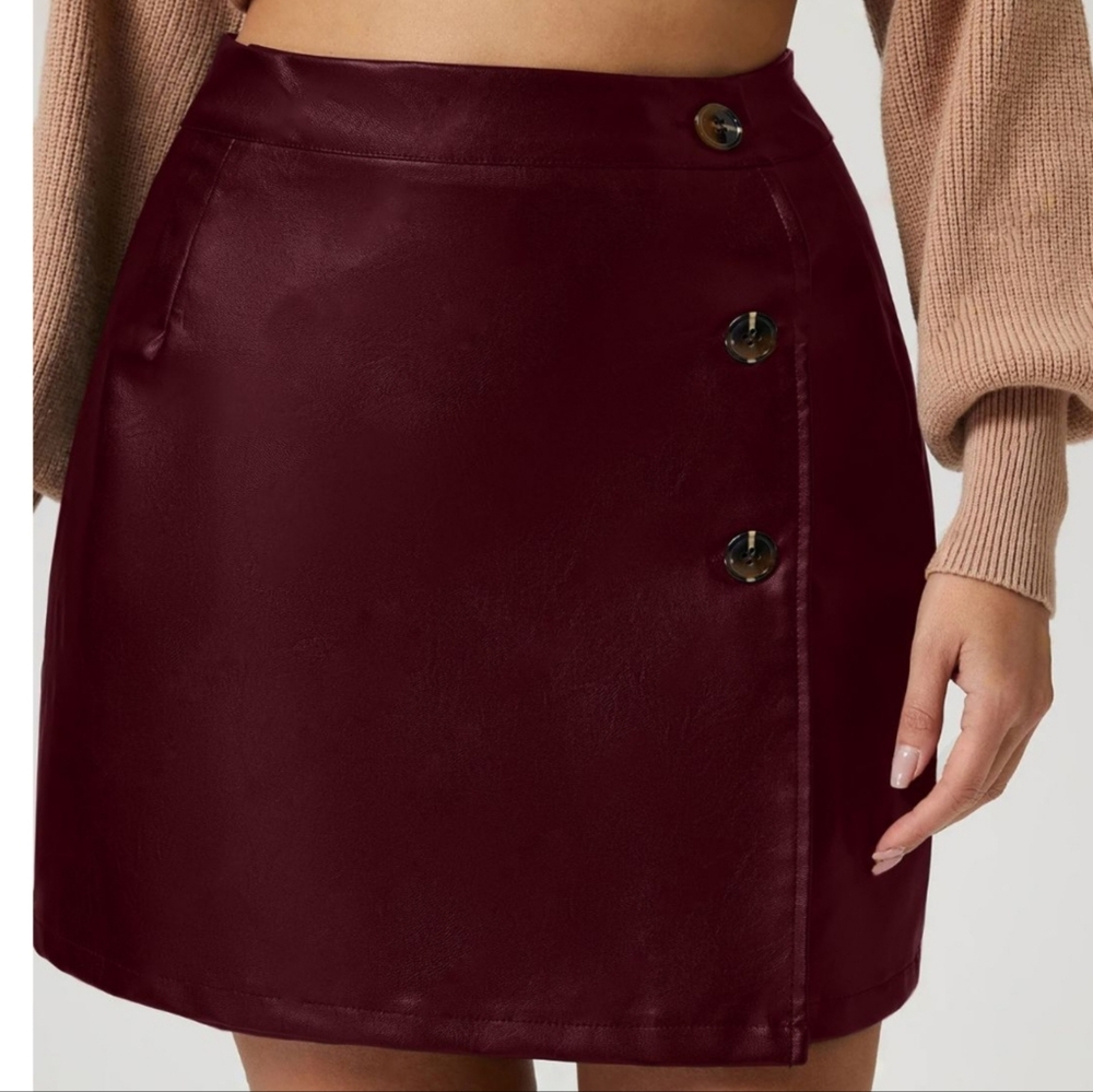 Burgundy High-Rise Mini Skirt with Classic Button Accents